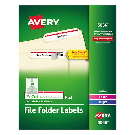 Avery Dennison Laser Labels, File Folder, 15C, Red, PK50 5066